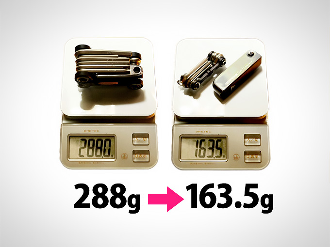 自転車用の携帯工具・マルチツールの重さを比較している写真