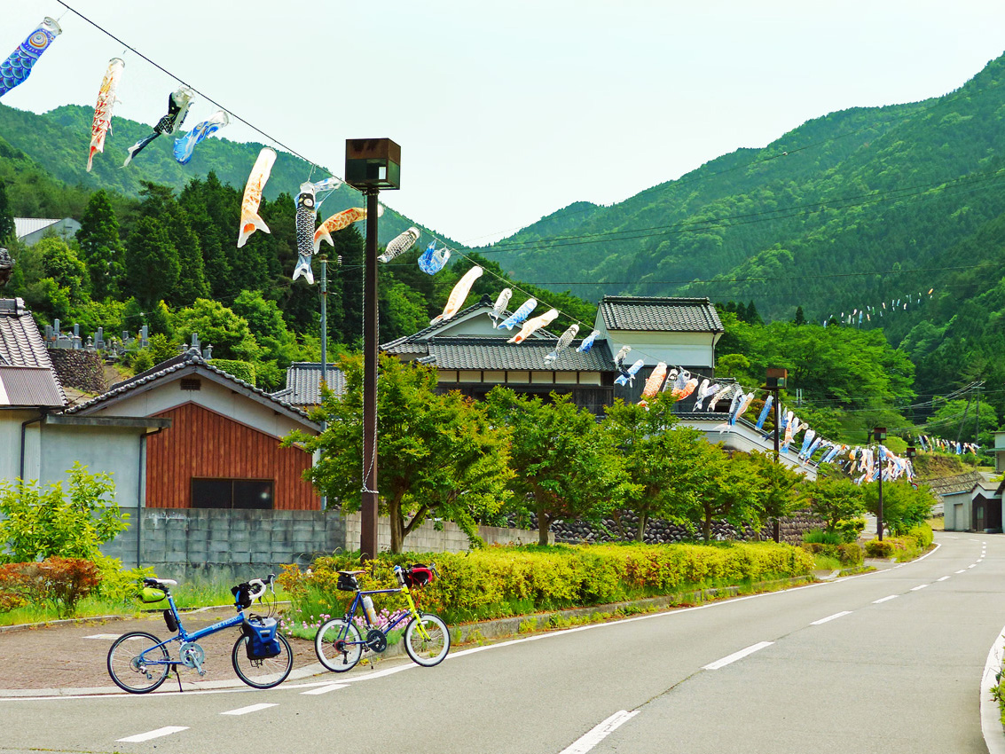 兵庫県神崎郡神河町にある「グリーンエコー笠形」に続く道路に沿って、たくさんの「鯉のぼり」が道しるべとして吊るされている風景。ずっと先まで鯉のぼりの列が続いている。道路には2台の自転車、「ニューワールドツーリスト」と「コメットR」が停められている。