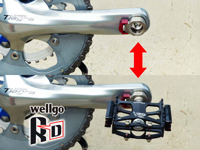 Wellgo（ウェルゴ）の着脱式ペダル「QRD」のペダルが自転車のクランクに着脱されている写真。