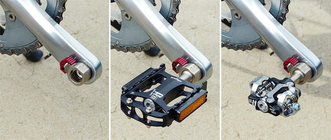 「Wellgo(ウェルゴ)」の着脱式ペダル「QRD」のペダルが自転車のクランクに装着されている3枚の写真。1枚目はクランクにアダプターだけが付いた写真で、2枚目は黒いフラットペダルが付いた写真、3枚目はSPDビンディングペダルが付いた写真。