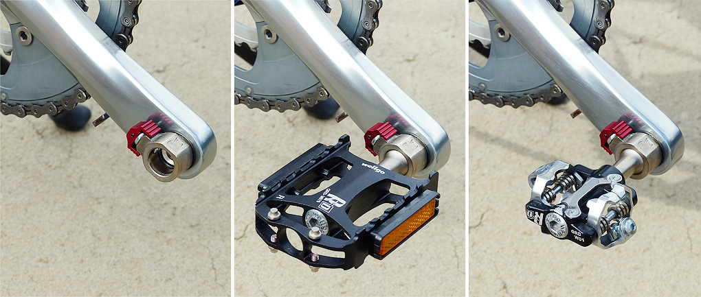 Wellgo（ウェルゴ）の着脱式ペダル「QRD」のペダルが自転車のクランクに装着されている写真