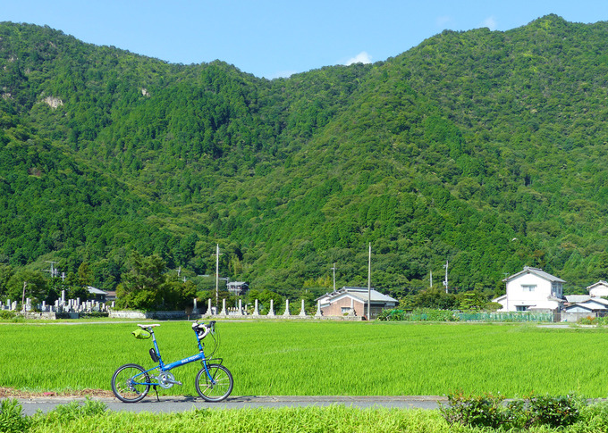 稲苗が植えられた一面緑色の田んぼの風景、手前の道にバイクフライデーの折り畳みミニベロ「ニューワールドツーリスト」が停められている。むこうには濃い緑色をした山が迫っていて、稜線の上には青空が見える。